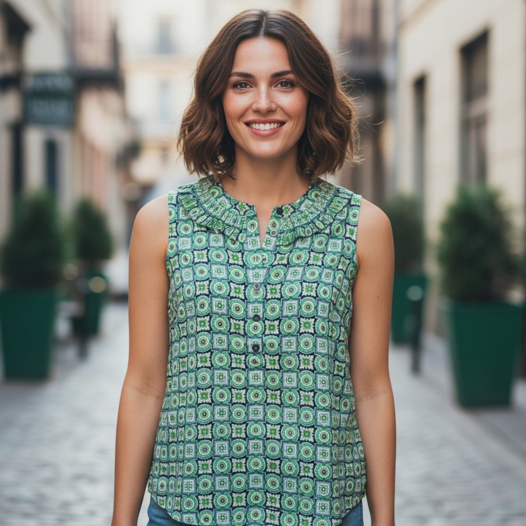 J.Crew Sleeveless Ruffle Collar Geometric Blouse